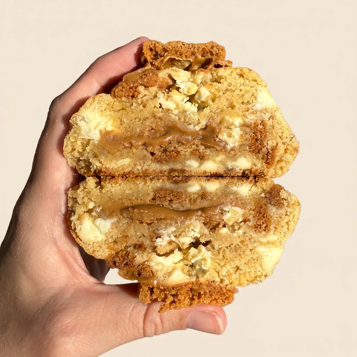 Biscoff cookie cracked in half, molten caramelised Biscoff spread oozing from the core