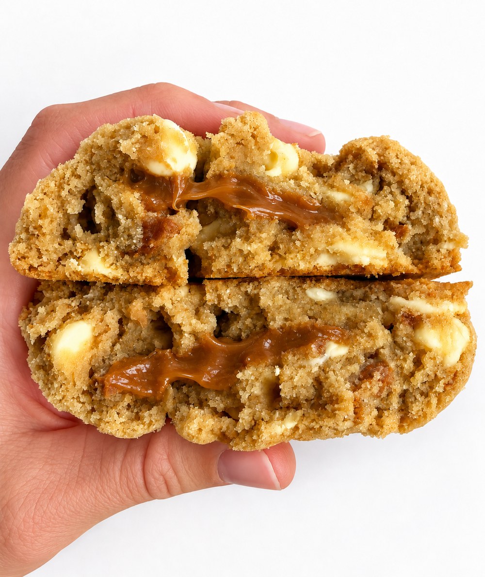 Salted Caramel cookie cracked in half, thick dulce de leche caramel oozing from the core
