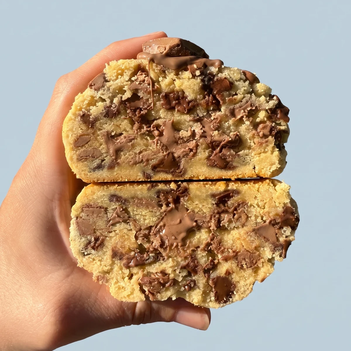 Chunky Choc Chip cookie cracked in half, molten milk and dark chocolate pooling through the golden crumb