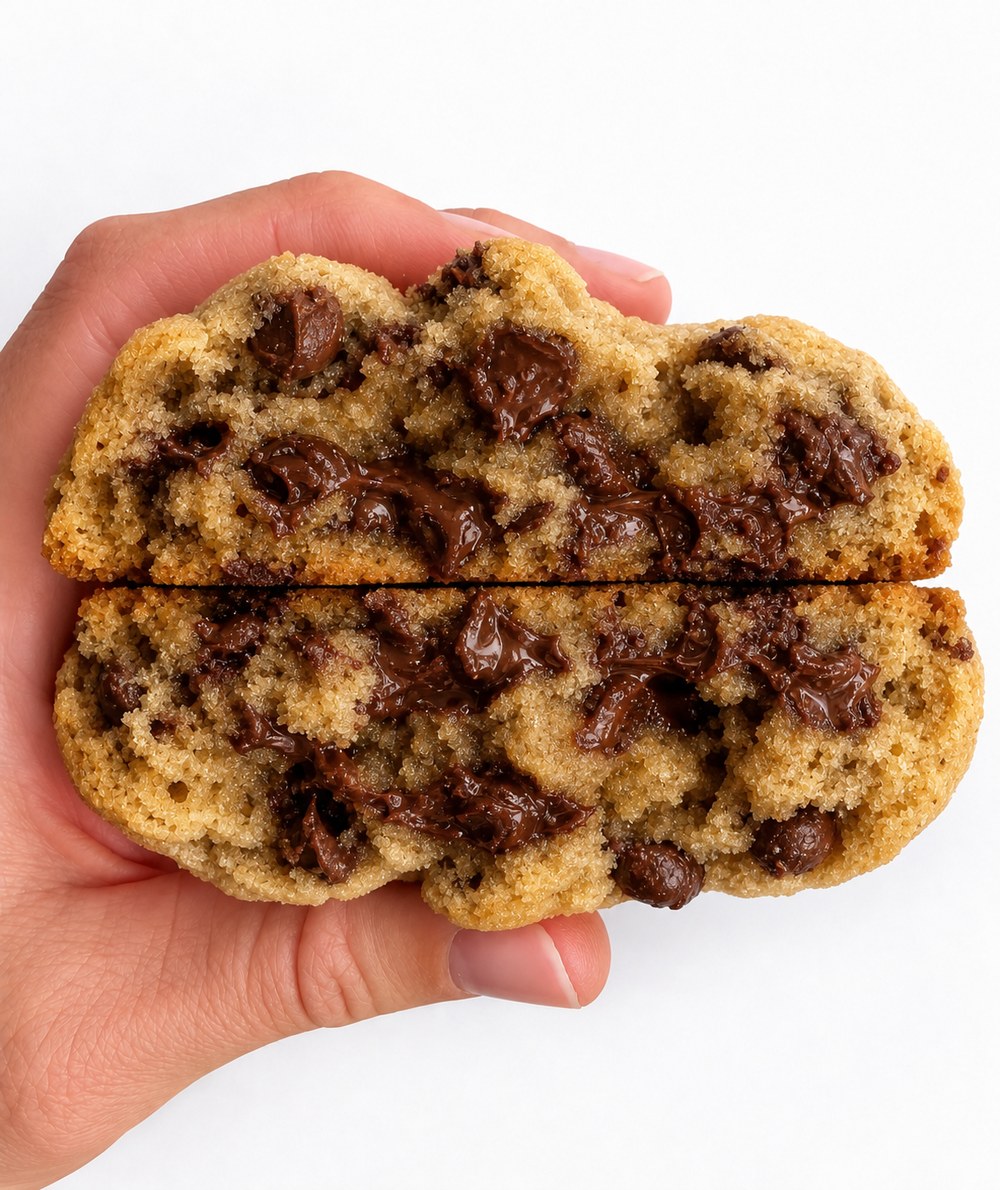 The Classic Choc Chip cookie cracked in half, molten dark chocolate through the golden crumb