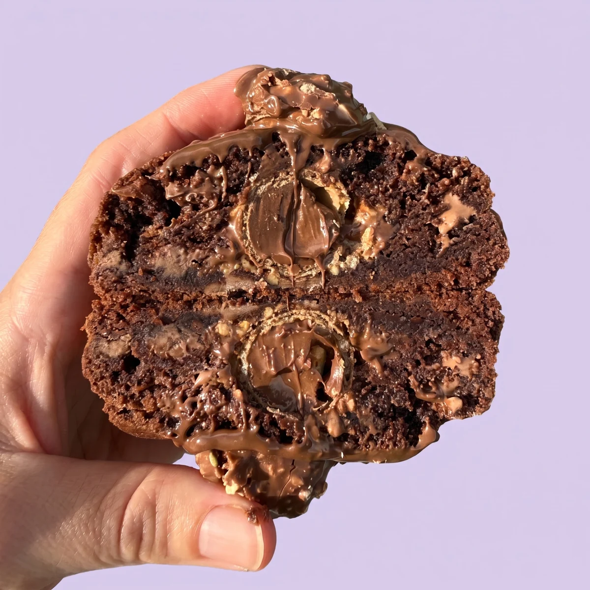 Ferrero Rocher cookie cut in half, showing a chocolate and hazelnut centre in double chocolate cookie dough