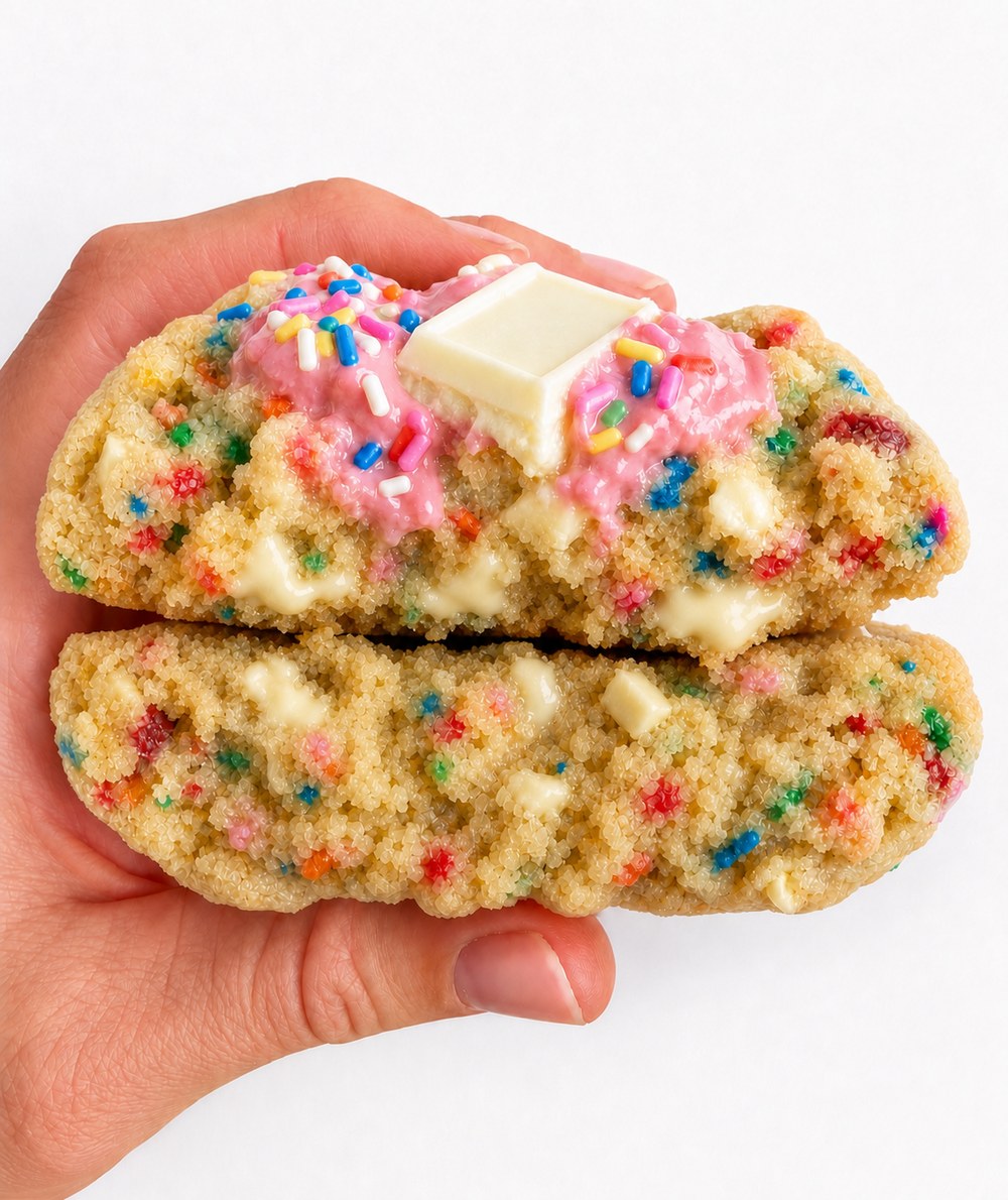 White Choc Funfetti cookie cracked in half, sprinkles through the crumb under pink icing
