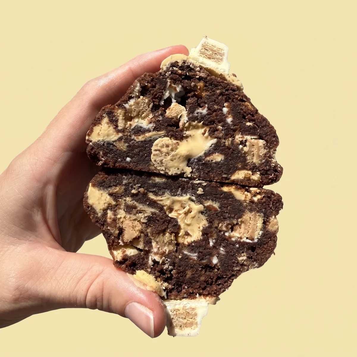 White KitKat with Caramilk cookie cut in half, showing white chocolate and Caramilk through double chocolate cookie dough